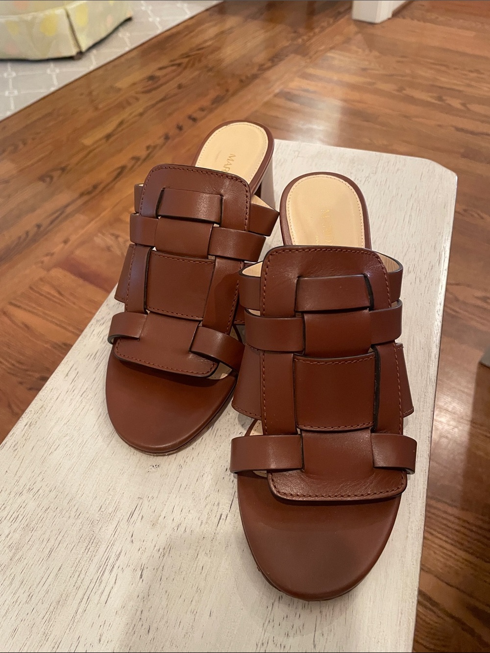 Woven Leather Slide Sandals - Cognac Brown